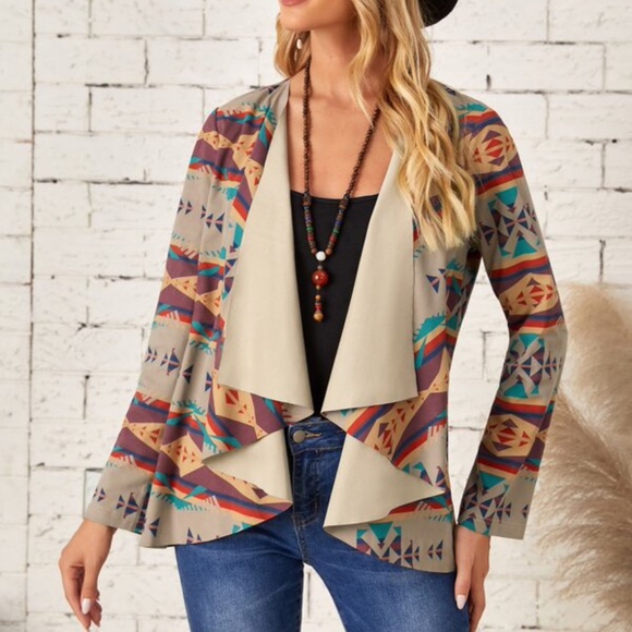 Sweaters - Boho Khaki Tribal Print Waterfall Cardigan Shacket